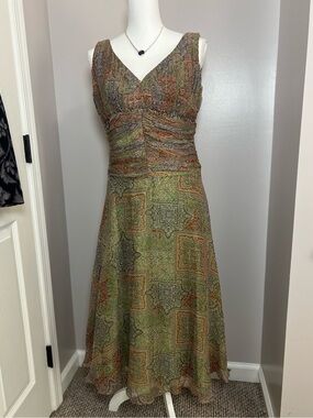 Vintage 90s/Y2K 100% Silk Green Beaded Paisley Midi Dress Fairycore Boho 🍋‍🟩